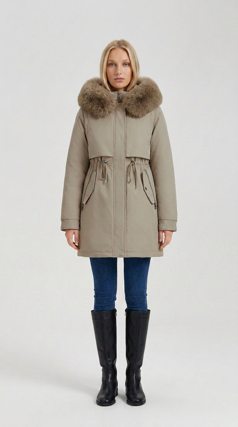 Women's khaki long parka with faux fur hood and drawstring waist by ELLA Toronto, front view
