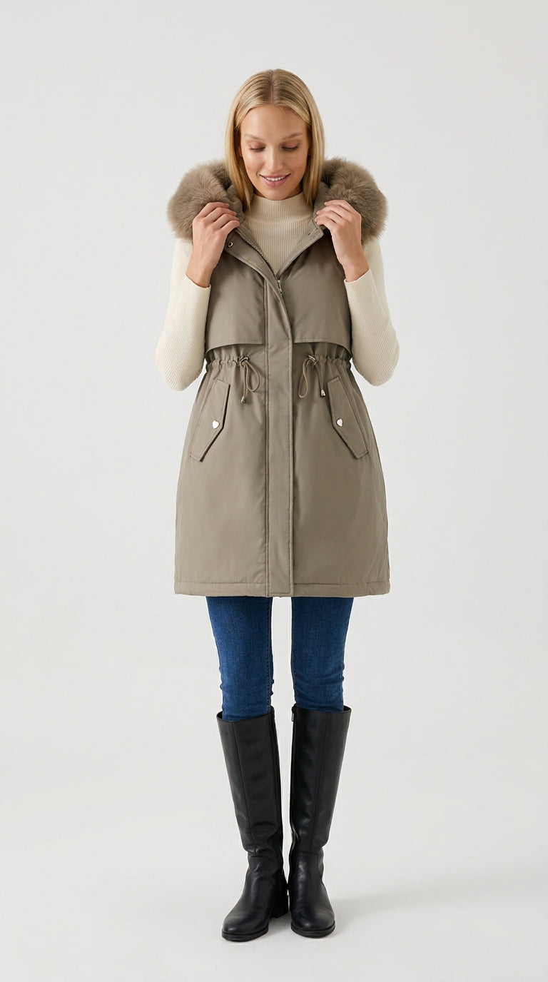Khaki faux fur long parka with detachable sleeves worn as a sleeveless padded vest over a cream turtleneck, ELLA Toronto