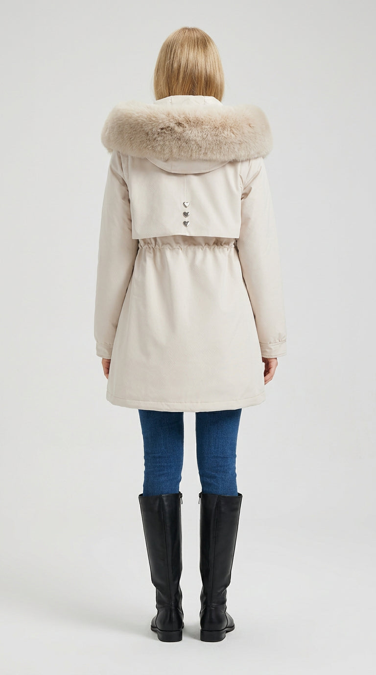 Back view of a white faux fur hooded parka for women with three silver heart buttons and gathered waist