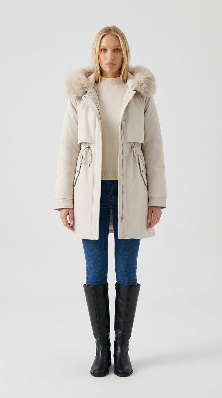 Women's white long parka with beige faux fur hood and drawstring waist by ELLA Toronto, front view