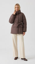 Women's coffee brown belted puffer jacket with tall stand collar by ELLA Toronto, front view