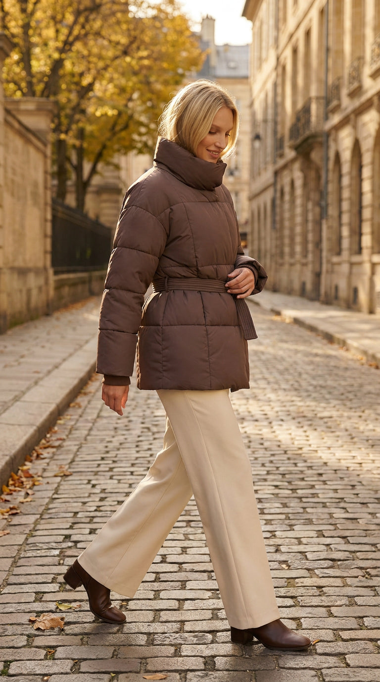 Coffee brown belted puffer jacket styled with cream wide-leg trousers on an autumn city street, ELLA Toronto