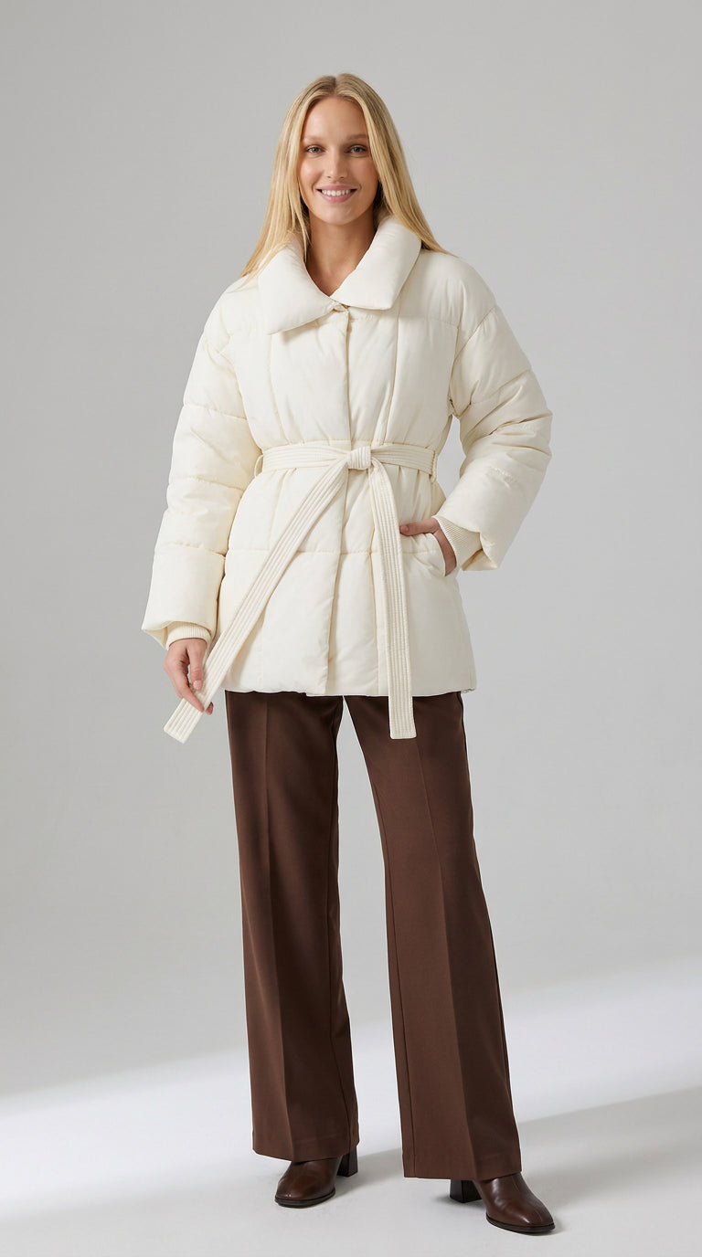 Women's ivory belted puffer jacket with stand collar, styled with brown wide-leg trousers, front view