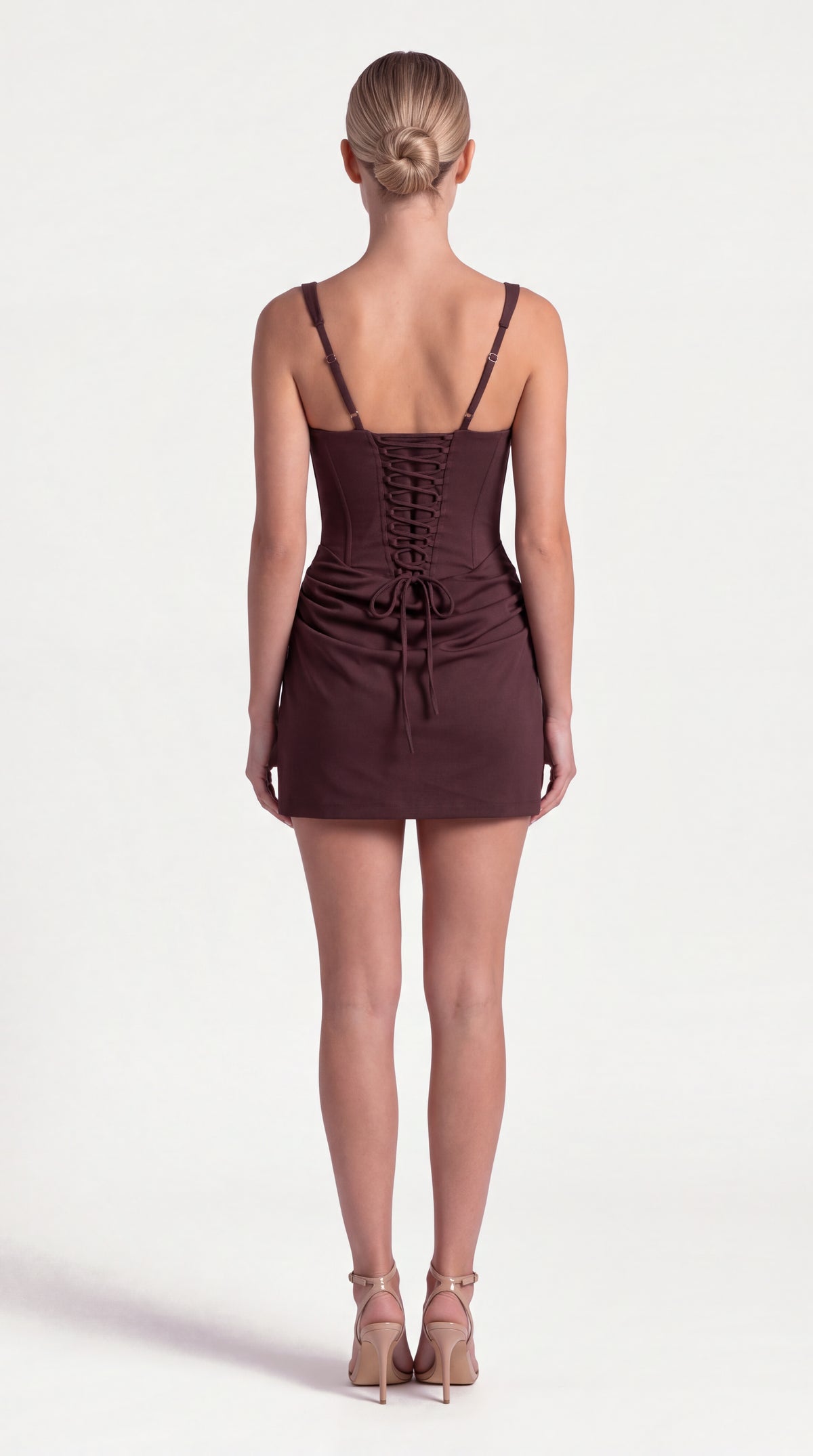 Brown square neck corset mini dress for women, back view of the Timeless Mini Dress – Brown showing the fit and length, ELLA Toronto