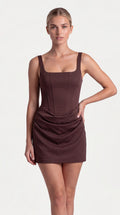 Brown square neck corset mini dress for women, the Timeless Mini Dress – Brown by ELLA Toronto, front view from head to knee showing the neckline, bodice and fit
