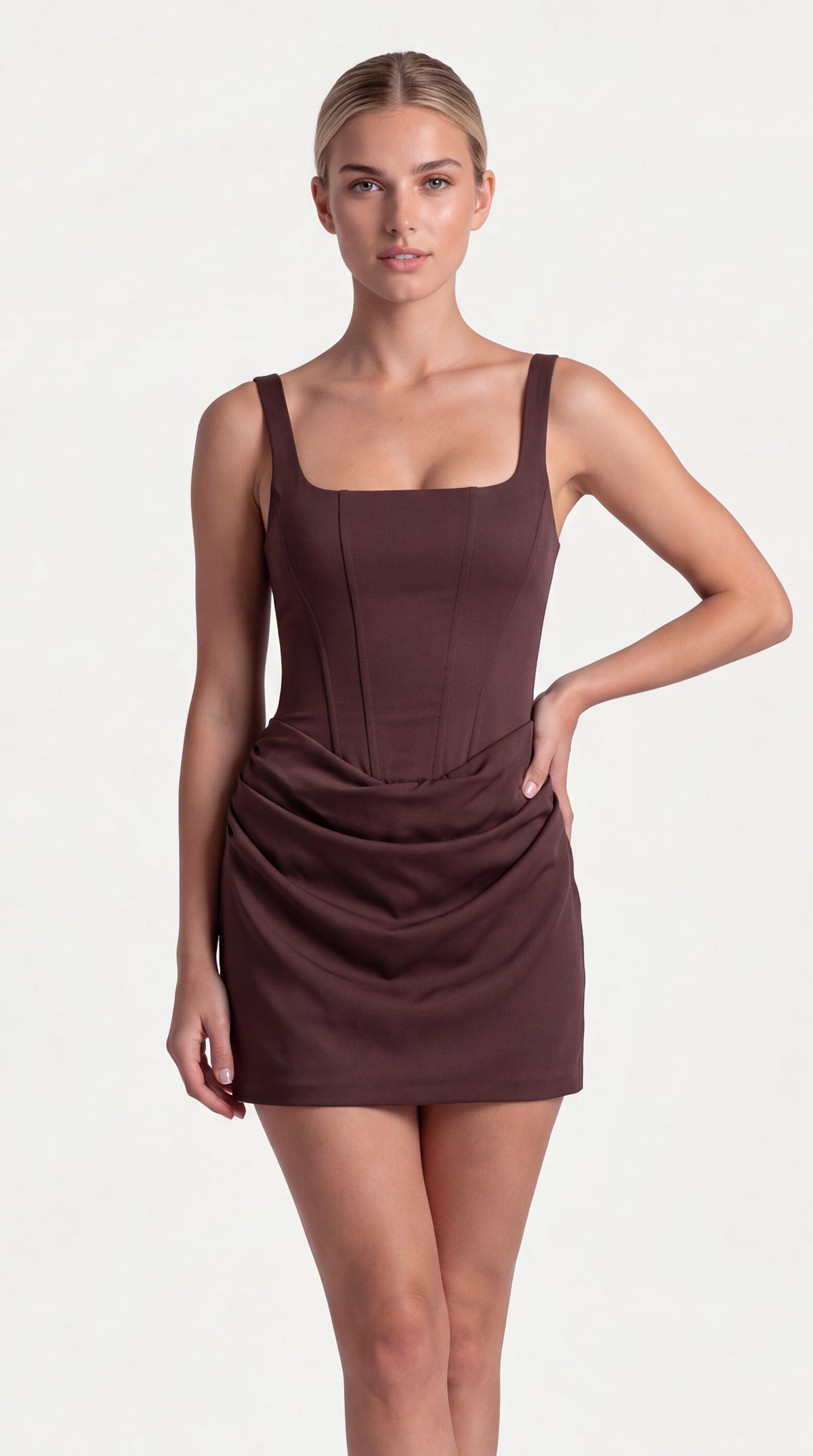 Brown square neck corset mini dress for women, the Timeless Mini Dress – Brown by ELLA Toronto, front view from head to knee showing the neckline, bodice and fit