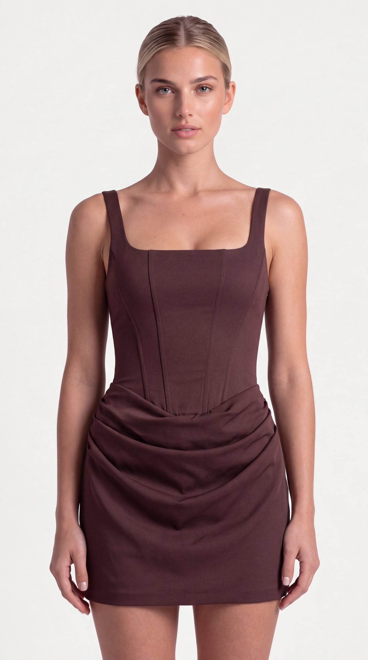 Close-up of the front of the Timeless Mini Dress – Brown, showing the neckline, bodice and fabric, ELLA Toronto