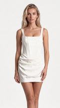 Ivory square neck corset mini dress for women, the Timeless Mini Dress – Ivory by ELLA Toronto, front view from head to knee showing the neckline, bodice and fit