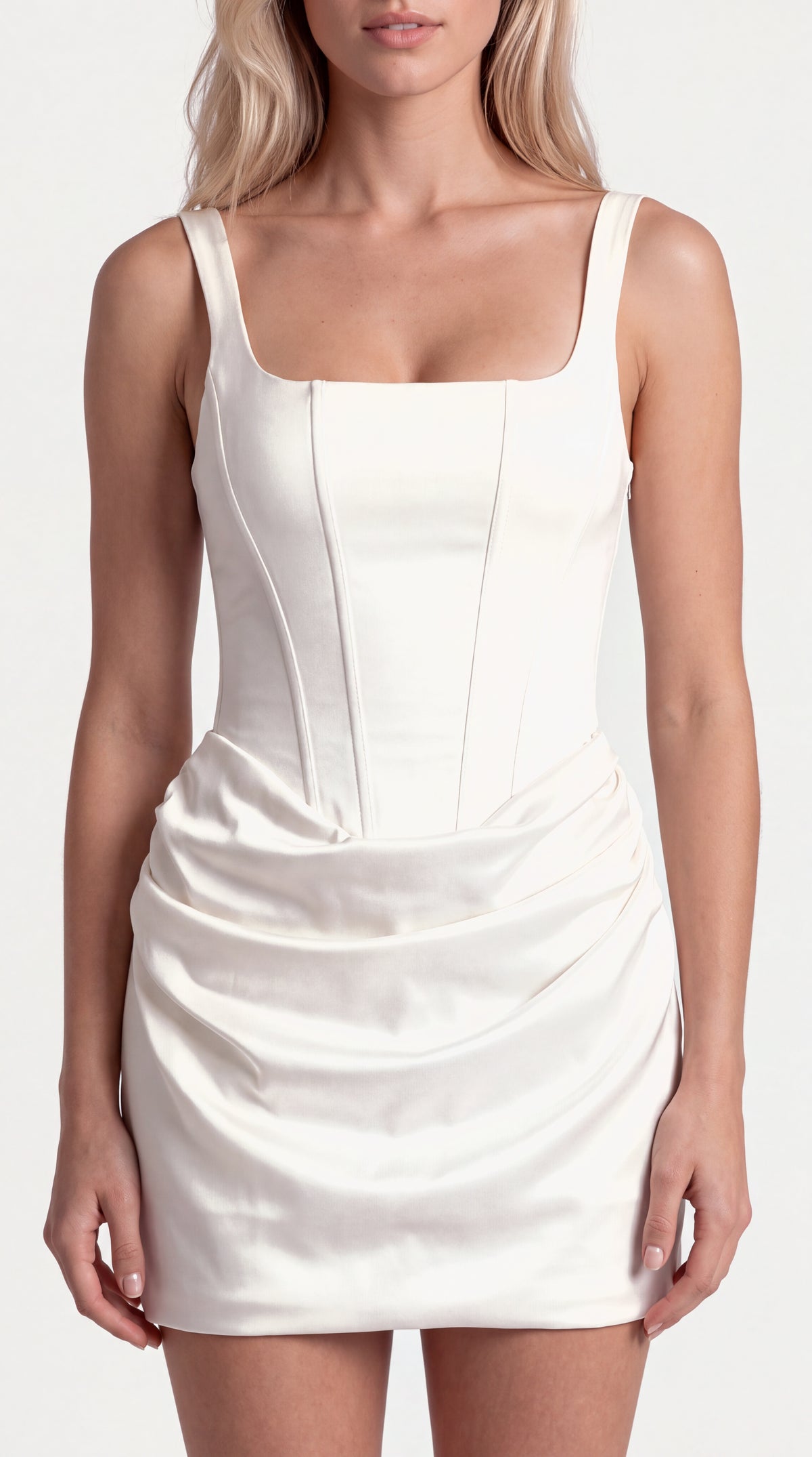 Close-up of the front of the Timeless Mini Dress – Ivory, showing the neckline, bodice and fabric, ELLA Toronto