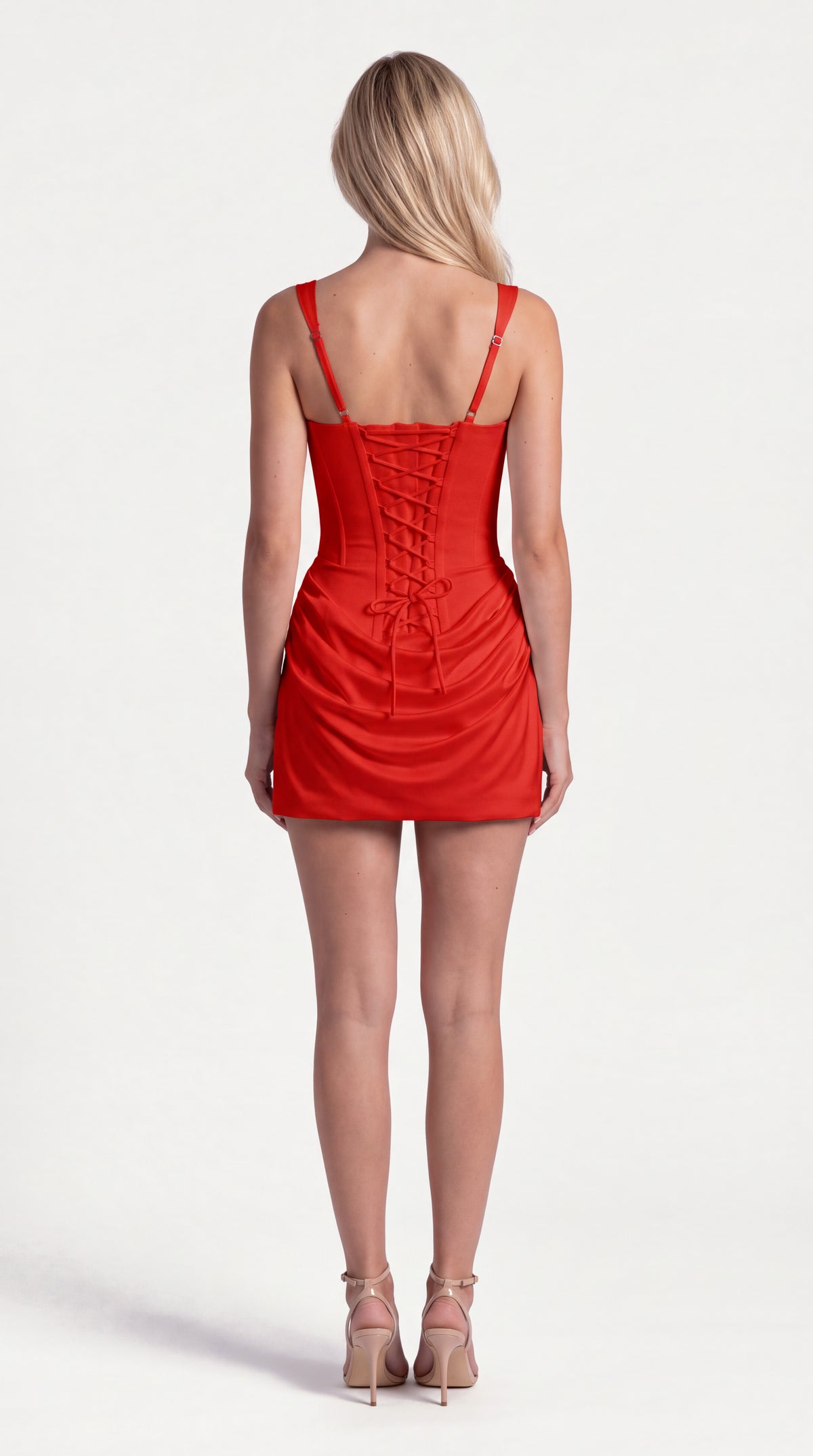 Red square neck corset mini dress for women, back view of the Timeless Mini Dress – Red showing the fit and length, ELLA Toronto