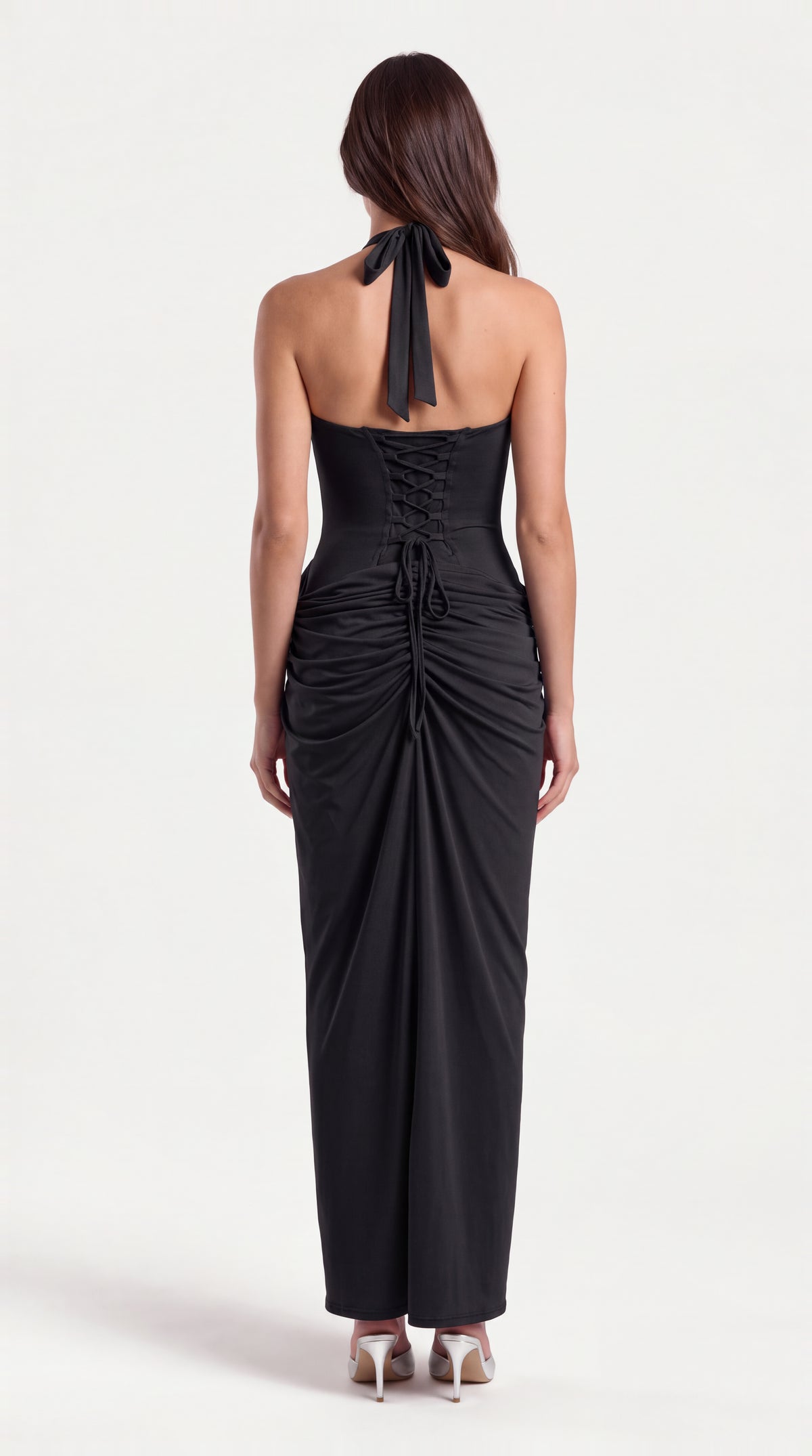 Black halter draped maxi dress for women, back view of the Vivienne Halter Draped Maxi Dress – Black showing the fit and length, ELLA Toronto