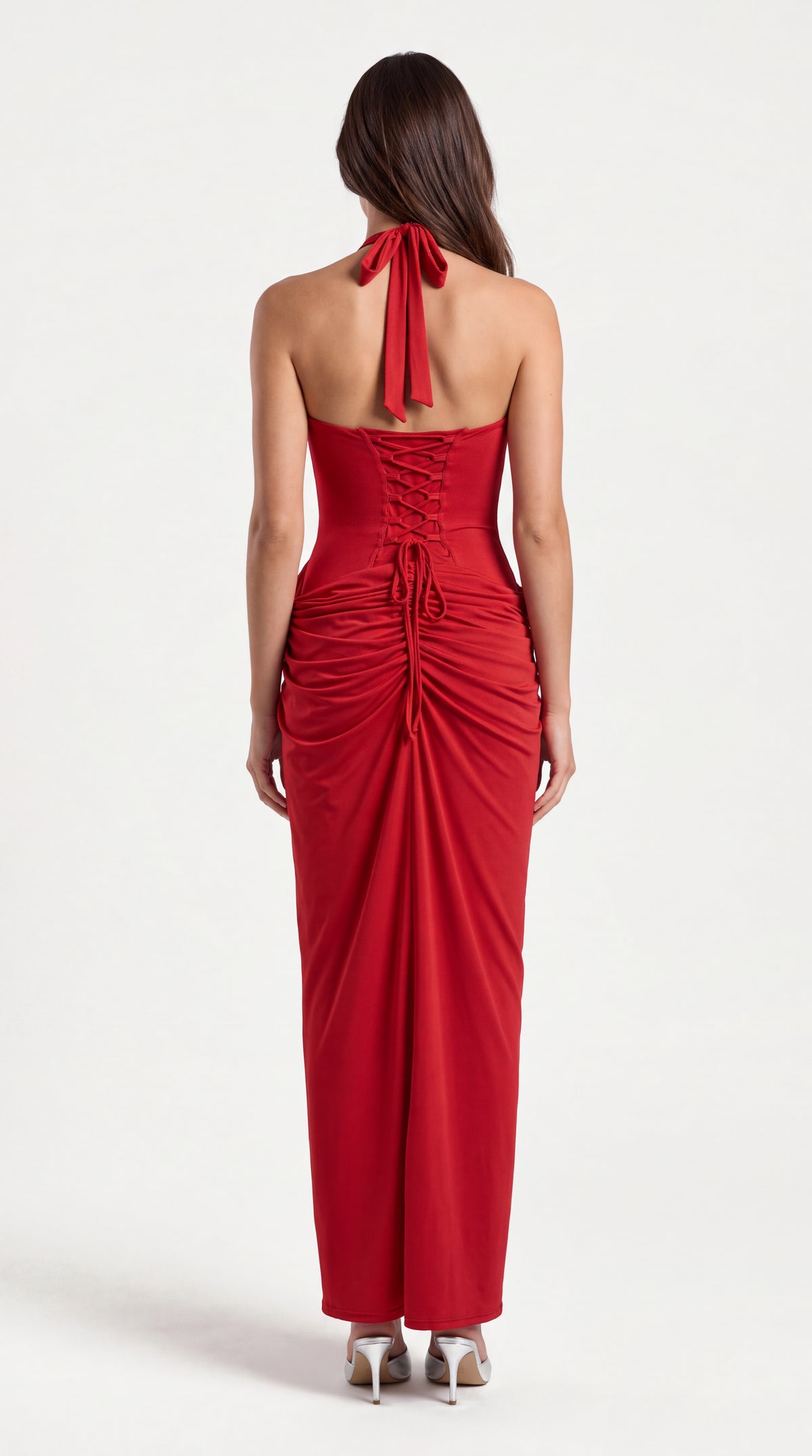 Red halter draped maxi dress for women, back view of the Vivienne Halter Draped Maxi Dress – Red showing the fit and length, ELLA Toronto
