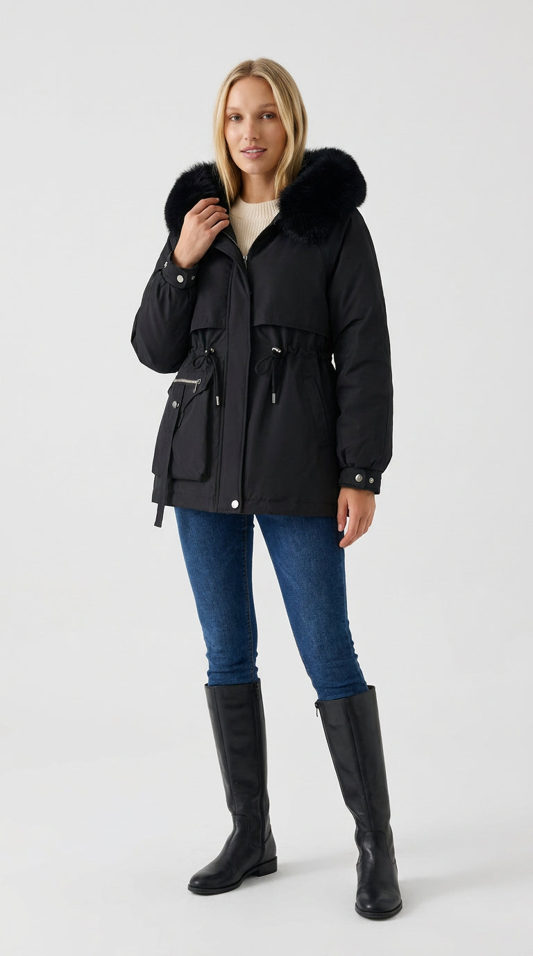 Black women's short parka with black faux fur hood and cinched drawstring waist by ELLA Toronto, front view