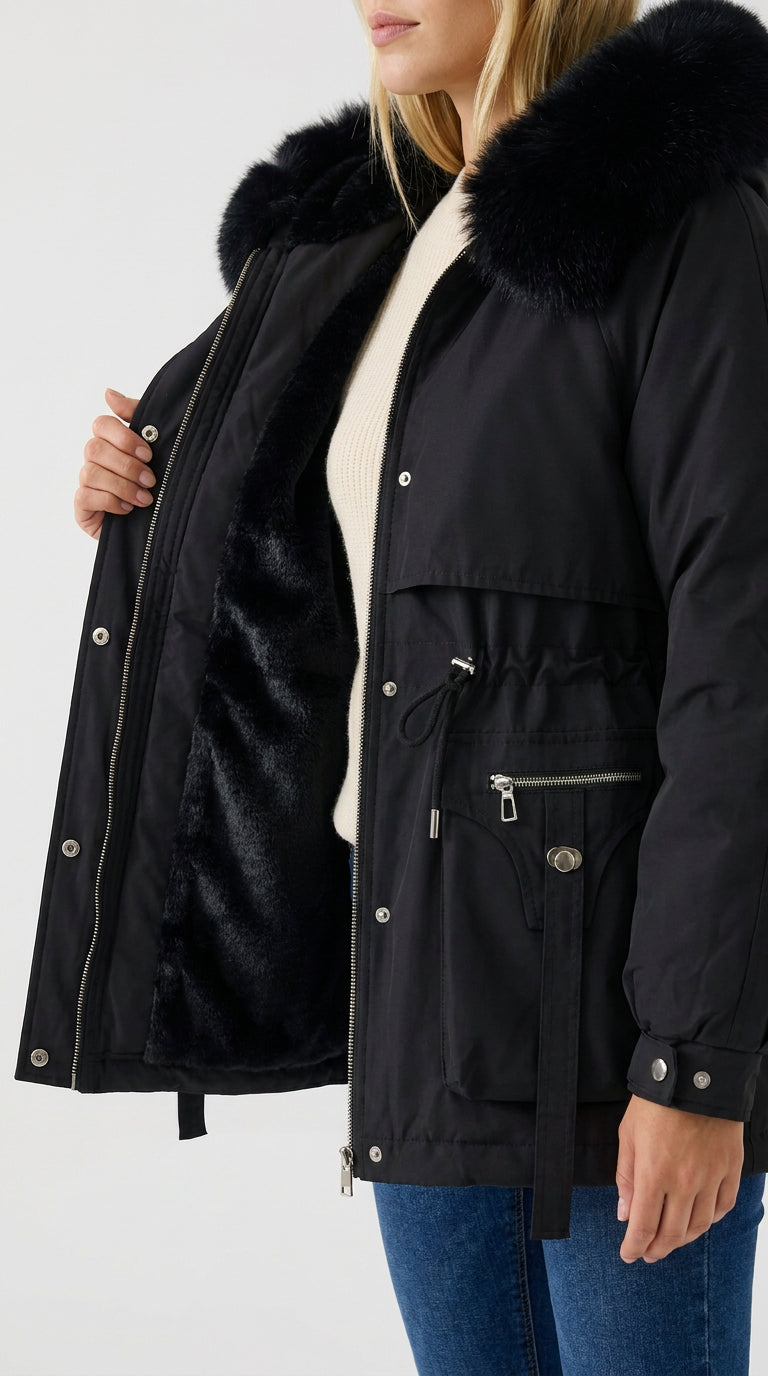 Black faux fur short parka held open to show the soft black plush faux fur lining, ELLA Toronto
