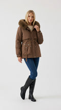 Women's coffee brown short parka with faux fur hood and drawstring waist by ELLA Toronto, front view