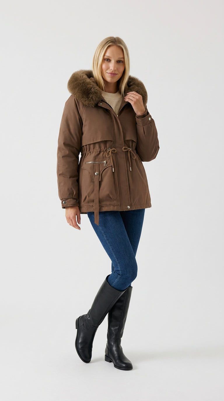 Women's coffee brown short parka with faux fur hood and drawstring waist by ELLA Toronto, front view