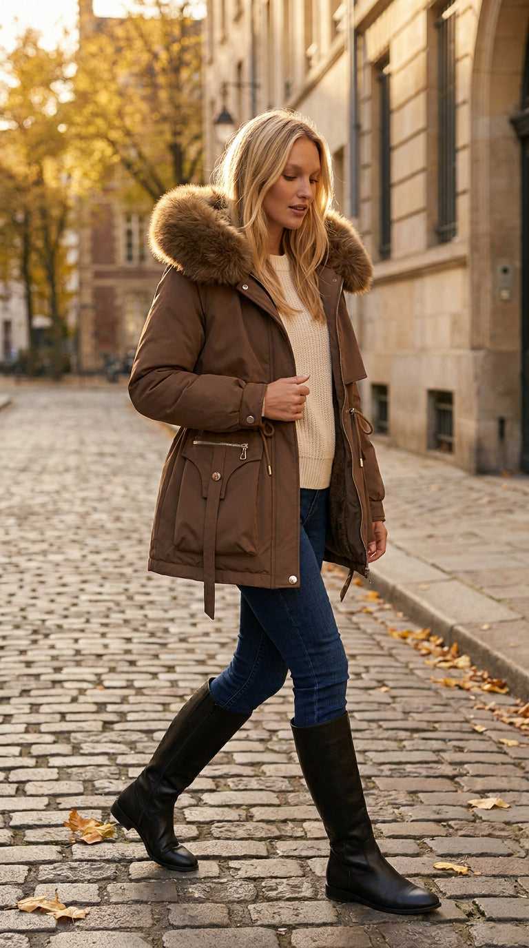 Woman in a brown faux fur hooded parka and knee-high boots on an autumn cobblestone street, women's coats by ELLA Toronto