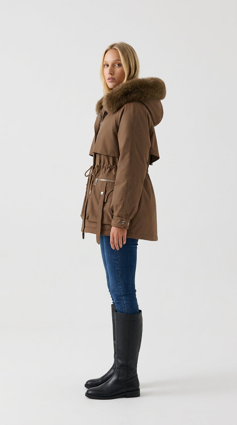 Coffee brown women's short winter parka, side view showing the hip-length cut and fitted waist