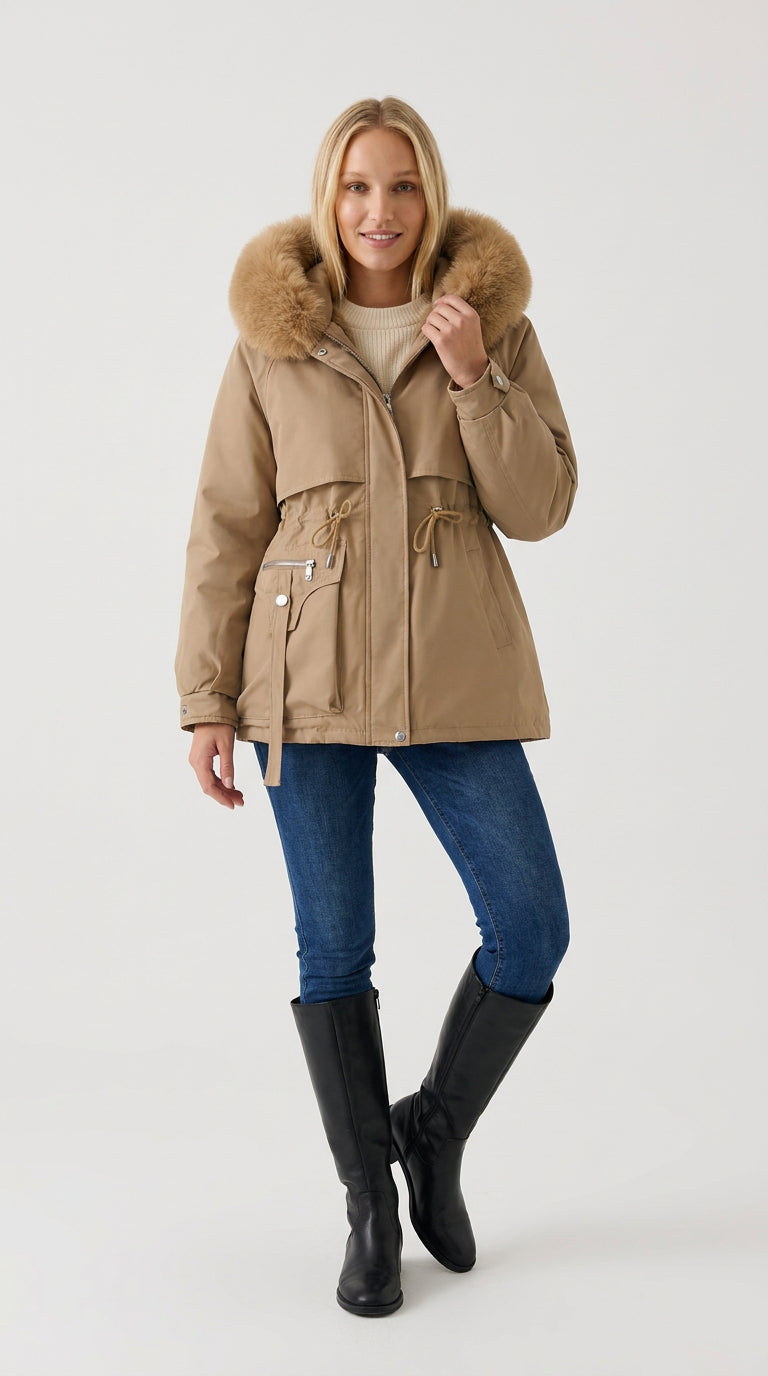 Khaki short parka for women with caramel faux fur hood, drawstring waist and zip pocket, front view