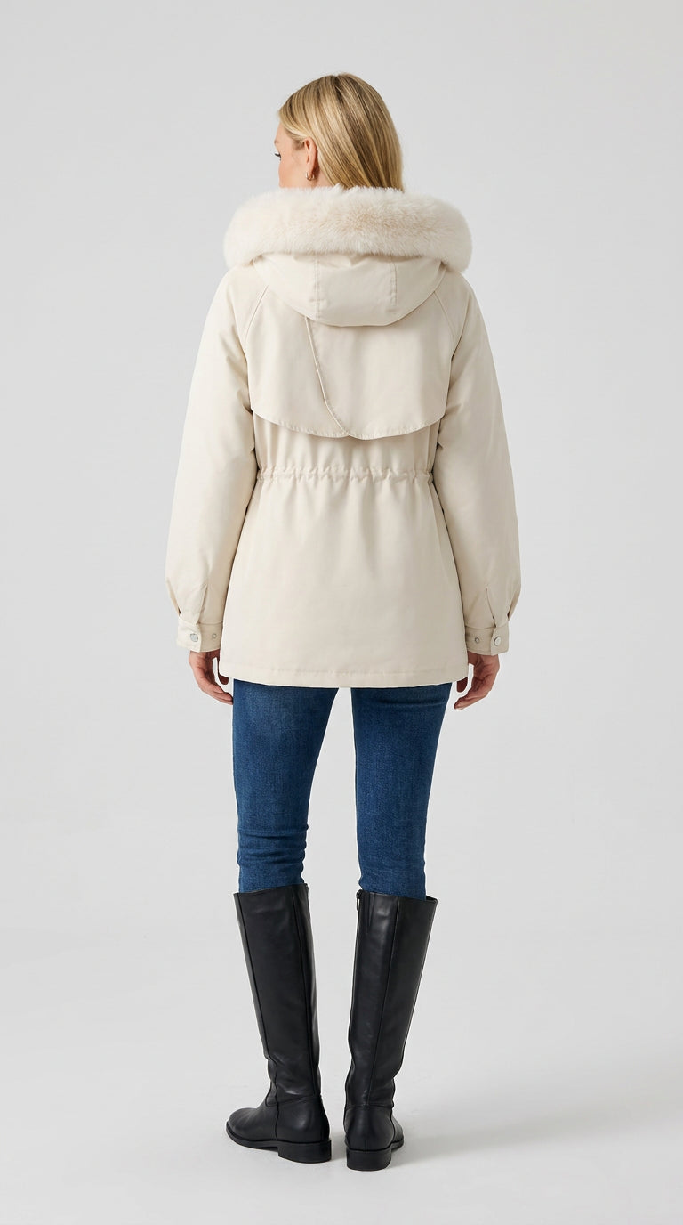 Back view of a white faux fur hooded short parka for women, showing the hood and cinched waist