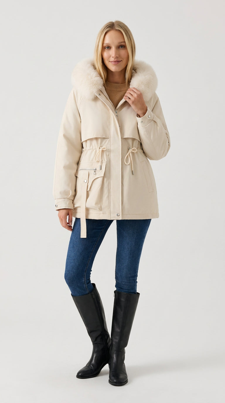 Women's white short parka with ivory faux fur hood and drawstring waist by ELLA Toronto, front view