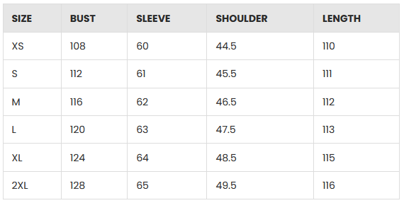 Size chart for ELLA Puffer Coat