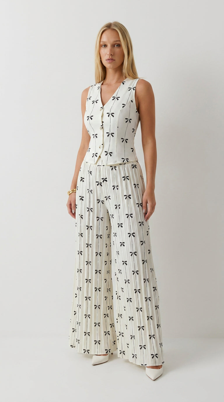 Bow Print Vest & Pleated Pants Set