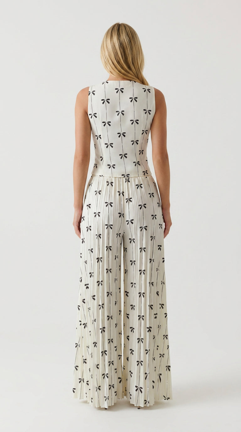 Bow Print Vest & Pleated Pants Set