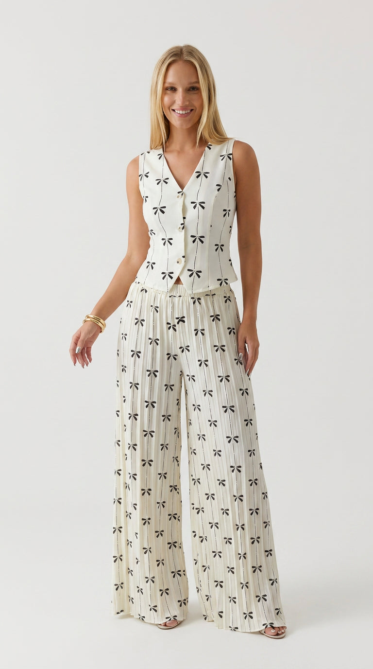 Bow Print Vest & Pleated Pants Set