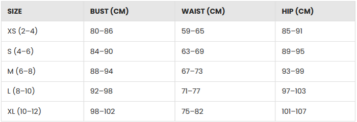 Size chart for Timeless Mini Dress