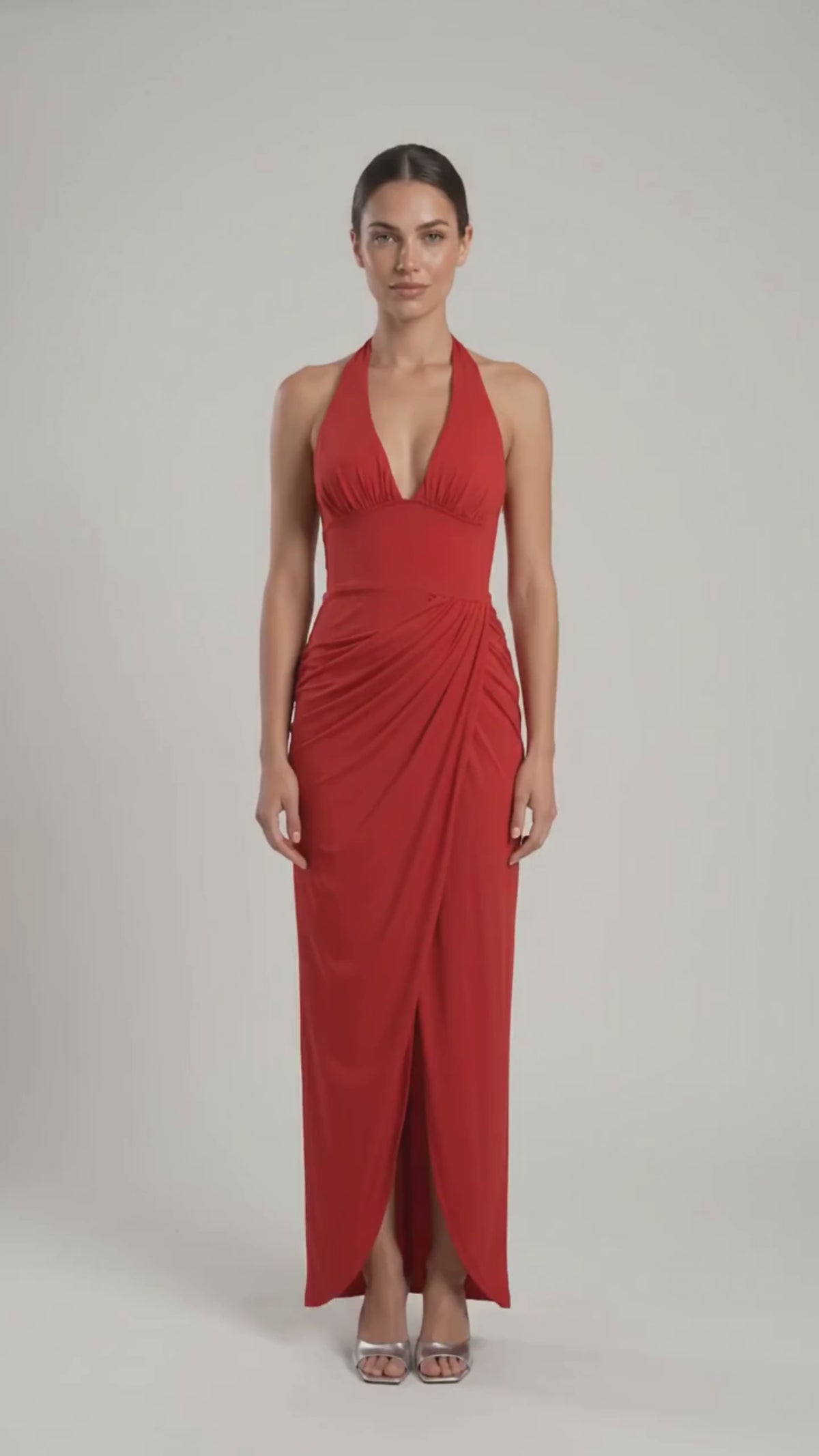 Vivienne Halter Draped Maxi Dress – Red